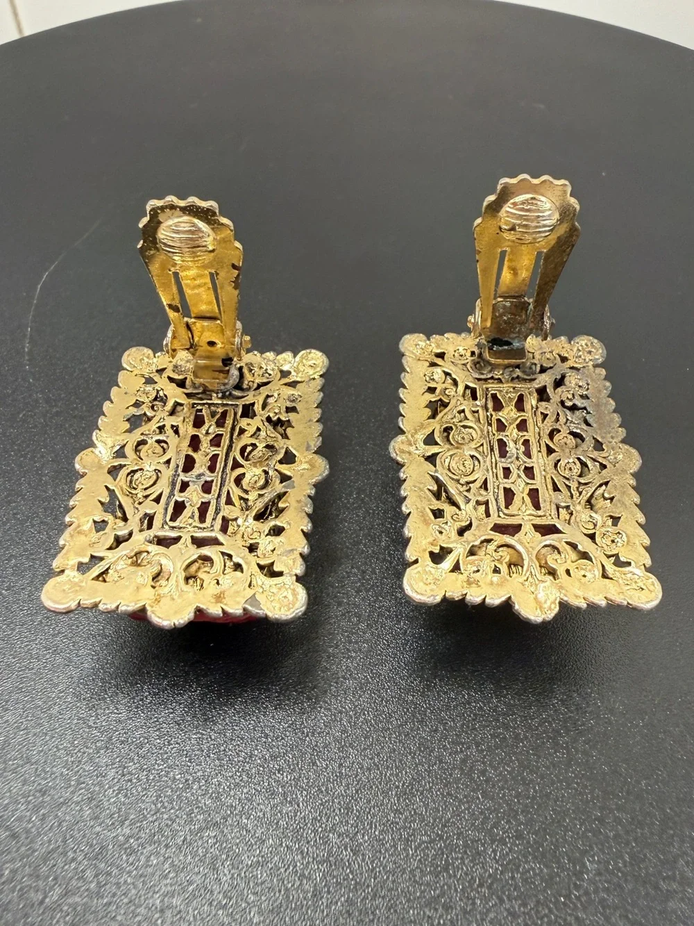 Vintage Asian Inspired Cinnabar Style Red Carved Filigree Clip On Earrings